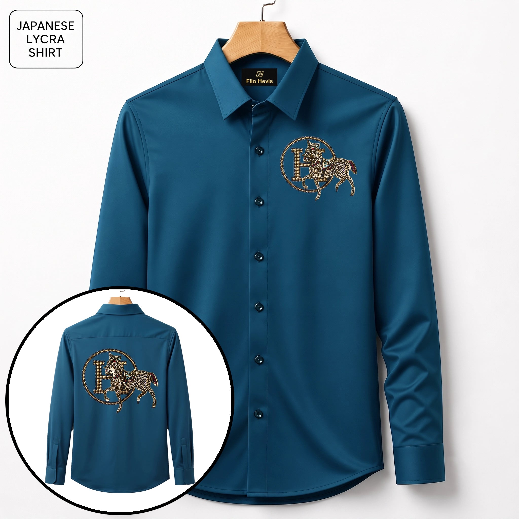 Front & Back Horse Embroidery Party Shirts | Club Wear | Teal Blue
