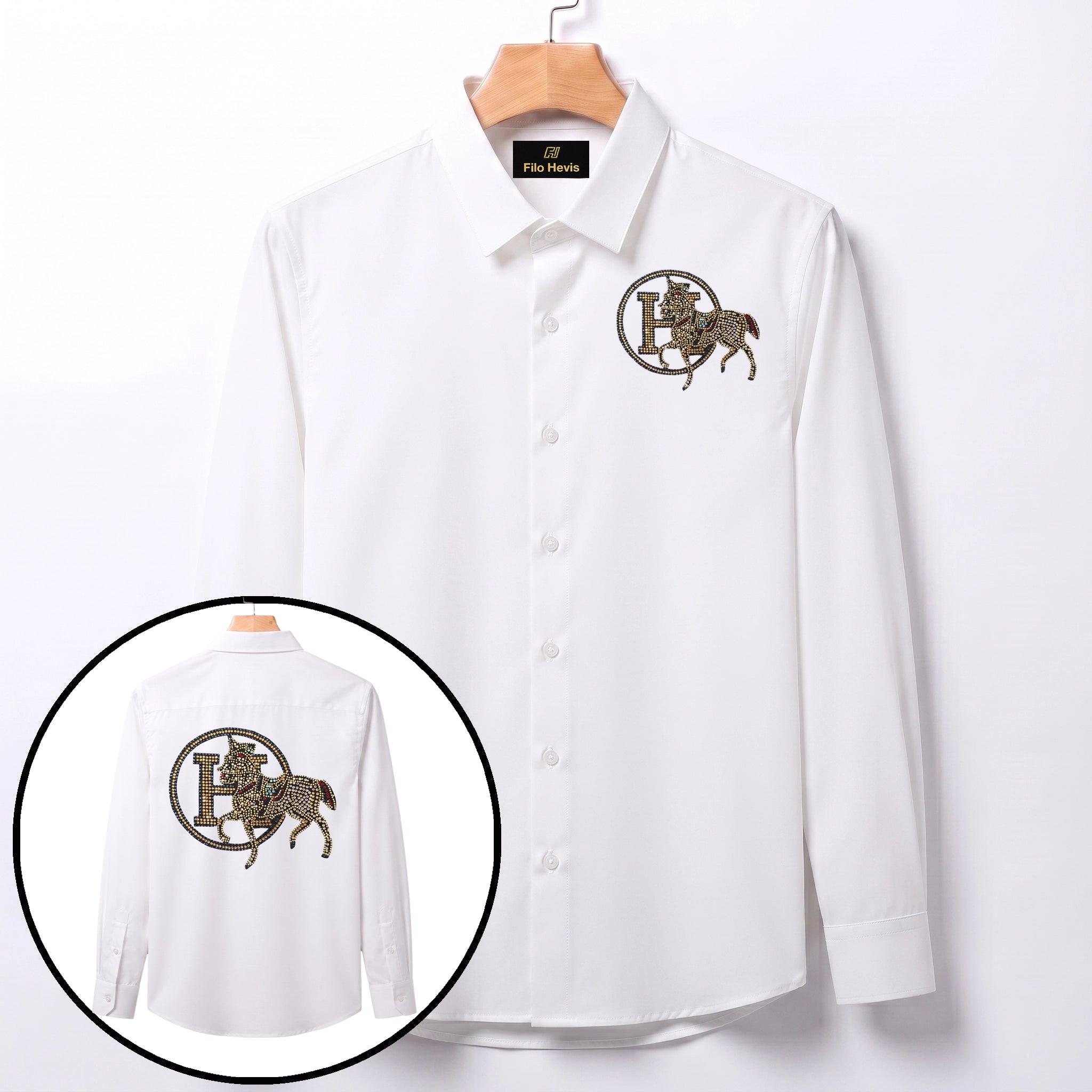 Front & Back Horse Embroidery Party Shirts | Club Wear | White