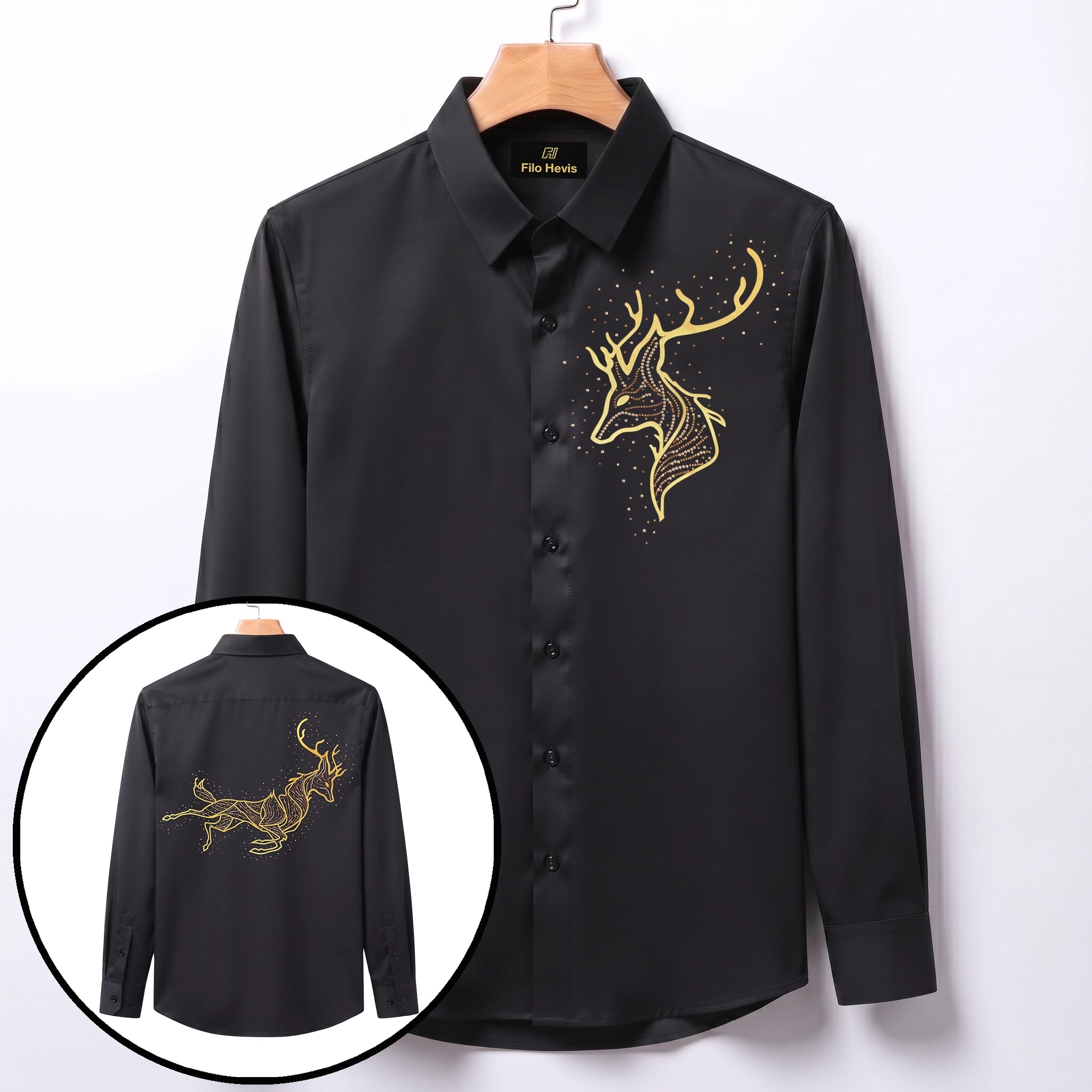 Front & Back Double Deer Embroidery Party Shirts | Club Wear | Black