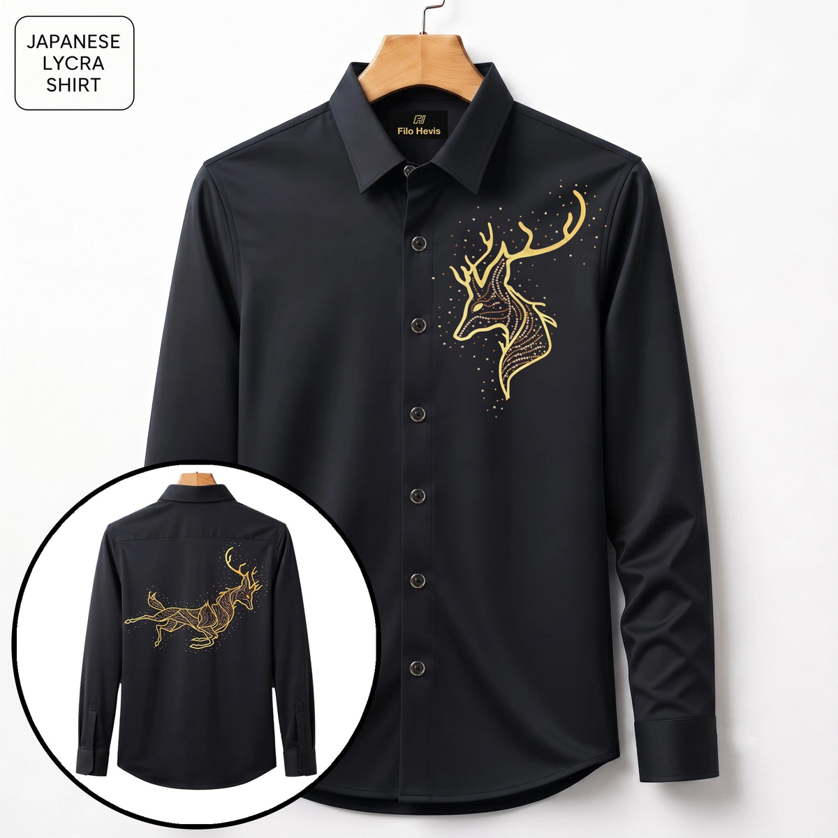 Front & Back Double Deer Embroidery Party Shirts | Club Wear | Black