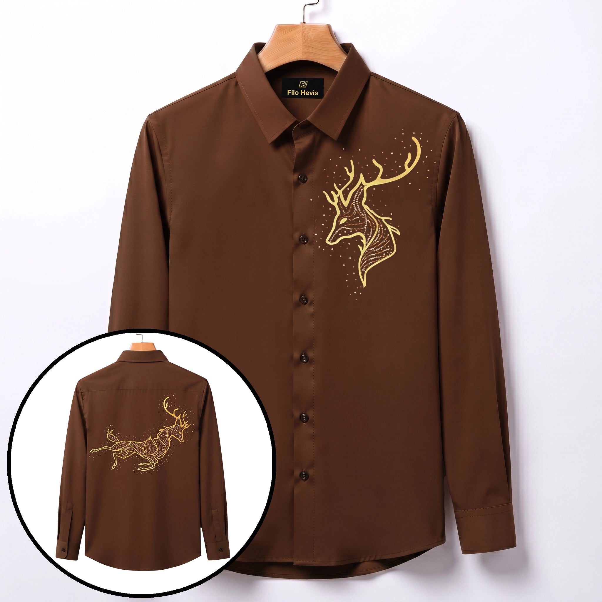 Front & Back Horse Embroidery Party Shirts | Club Wear | Brown