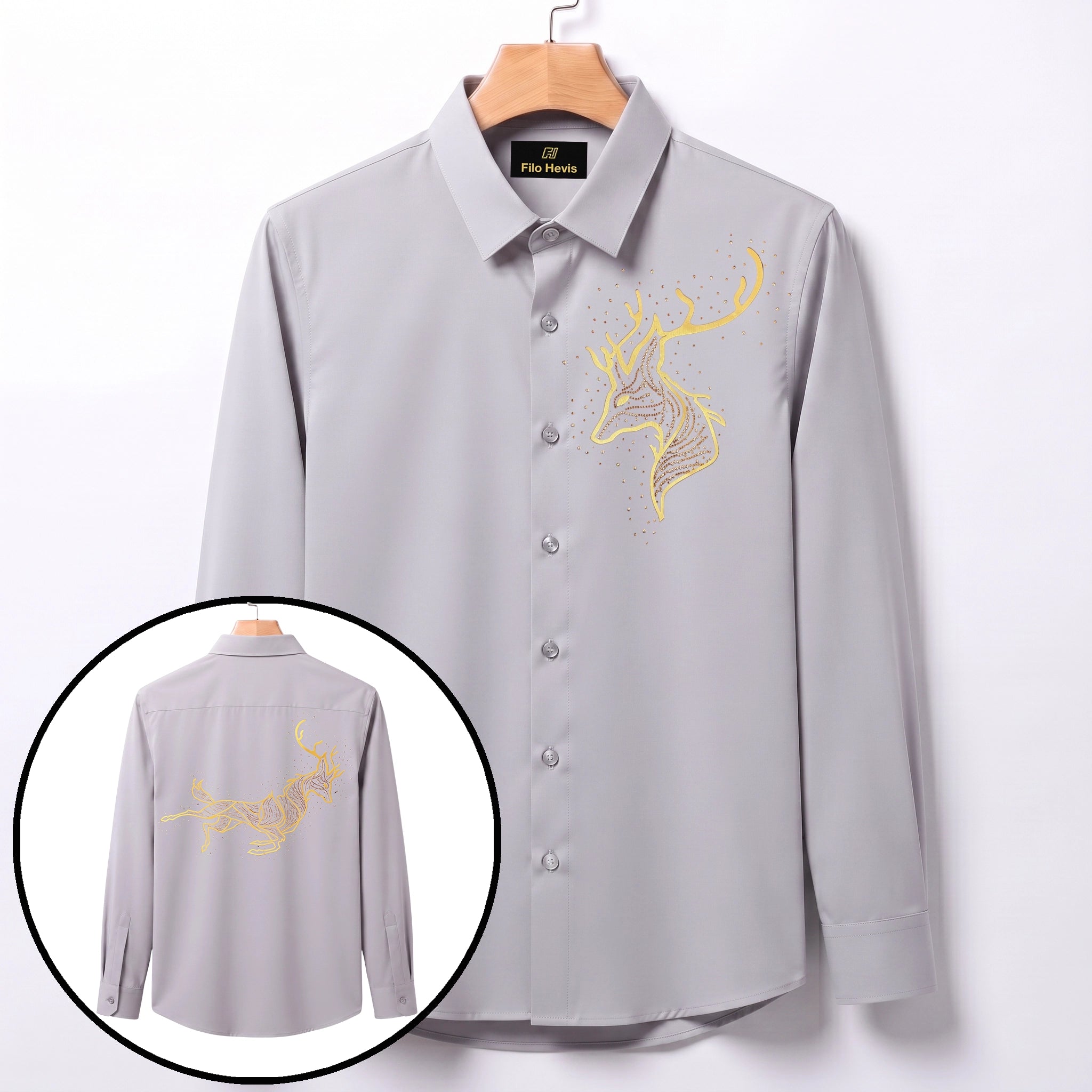 Front & Back Double Deer Embroidery Party Shirts | Club Wear | Light Grey