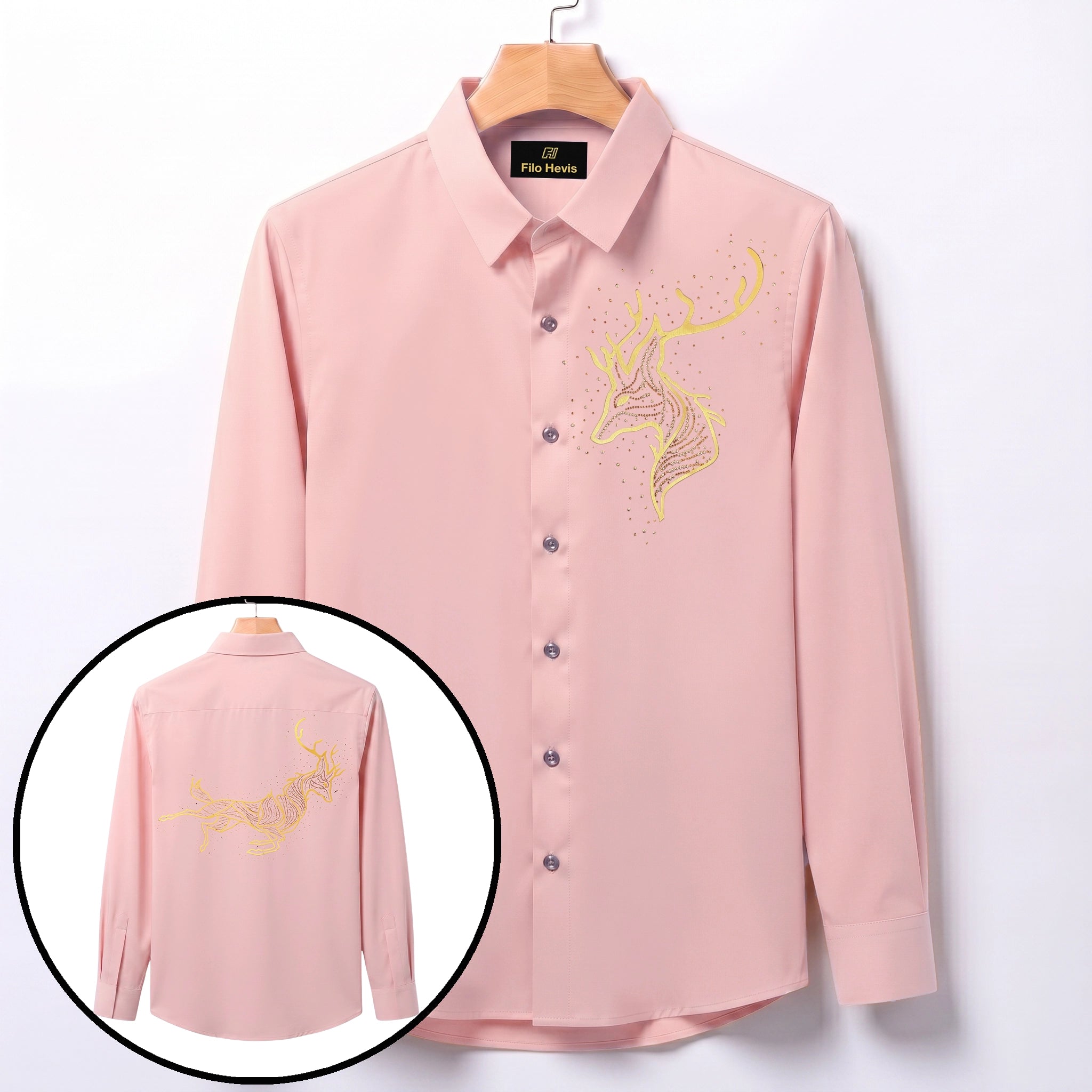 Front & Back Double Deer Embroidery Party Shirts | Club Wear | Peach
