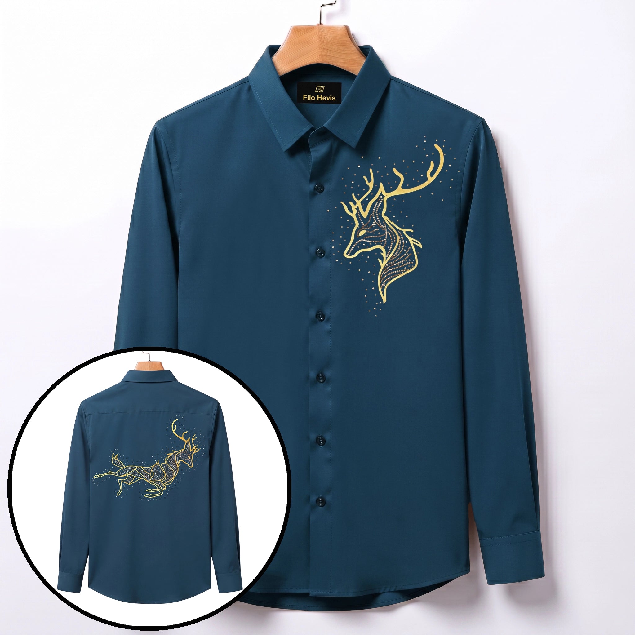Front & Back Double Deer Embroidery Party Shirts | Club Wear | Teal-Blue