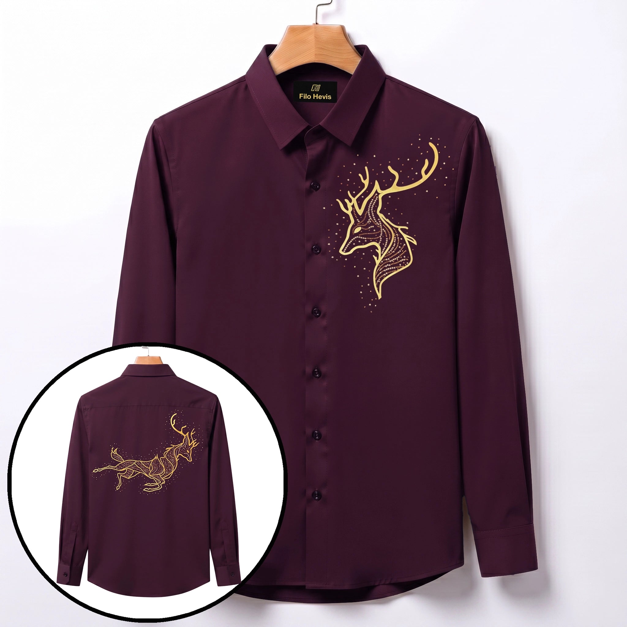 Front & Back Double Deer Embroidery Party Shirts | Club Wear | Wine