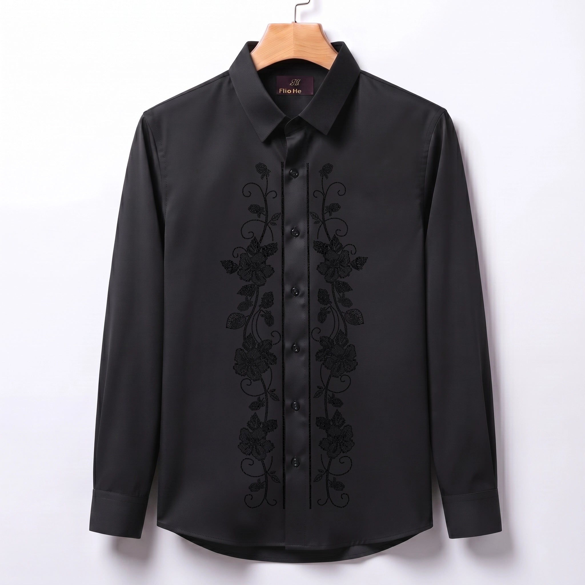 Flower Embroidery Party Shirts | Club Wear | Black