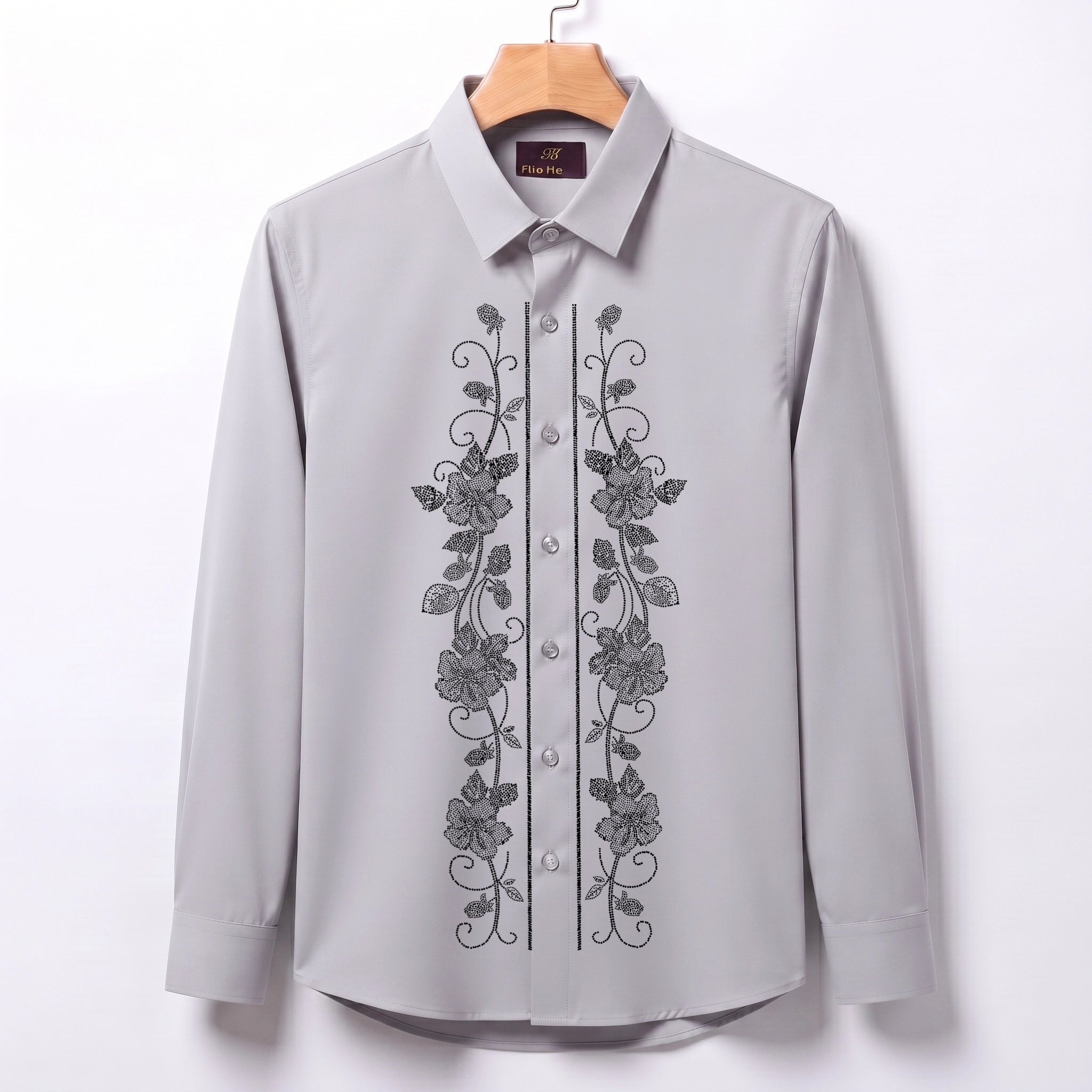Flower Embroidery Party Shirts | Club Wear | Light Grey