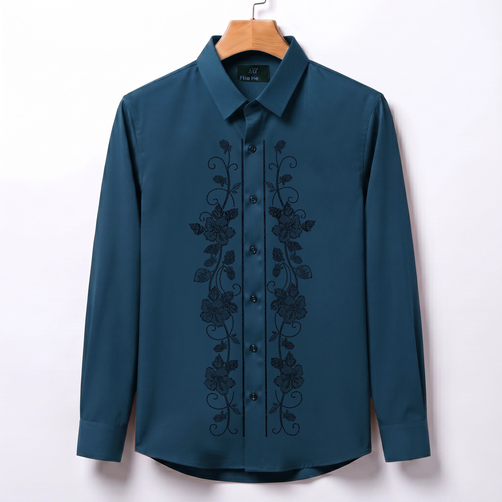 Flower Embroidery Party Shirts | Club Wear | Teal-Blue