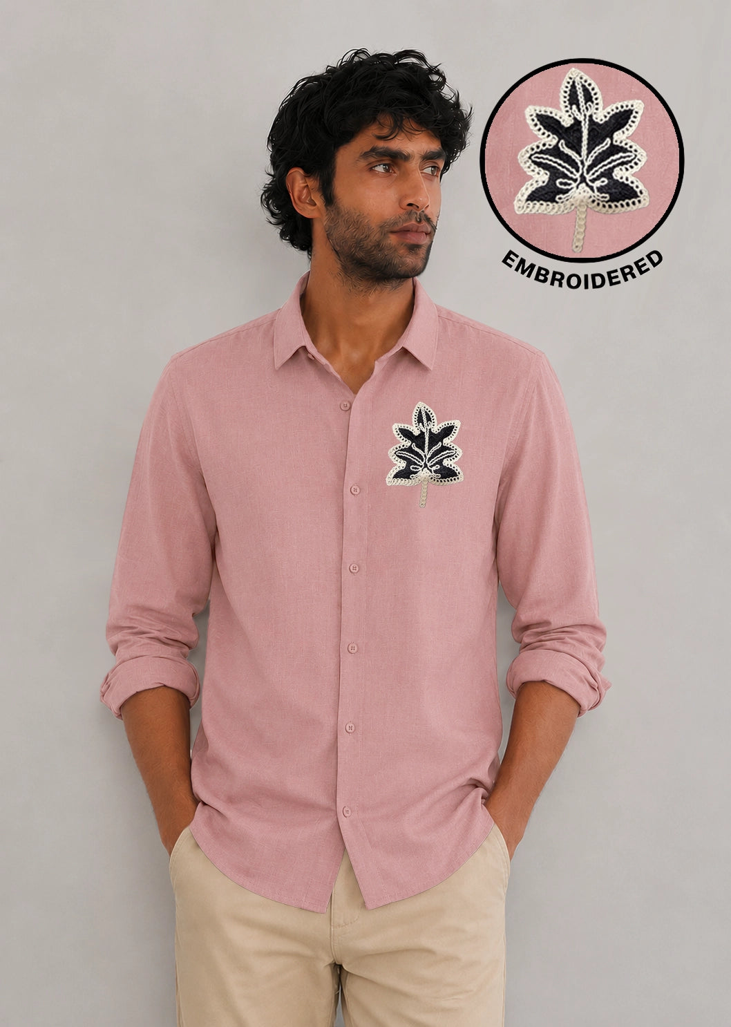 Leaf Botanical Embroidery Textured Shirt | Light Pink