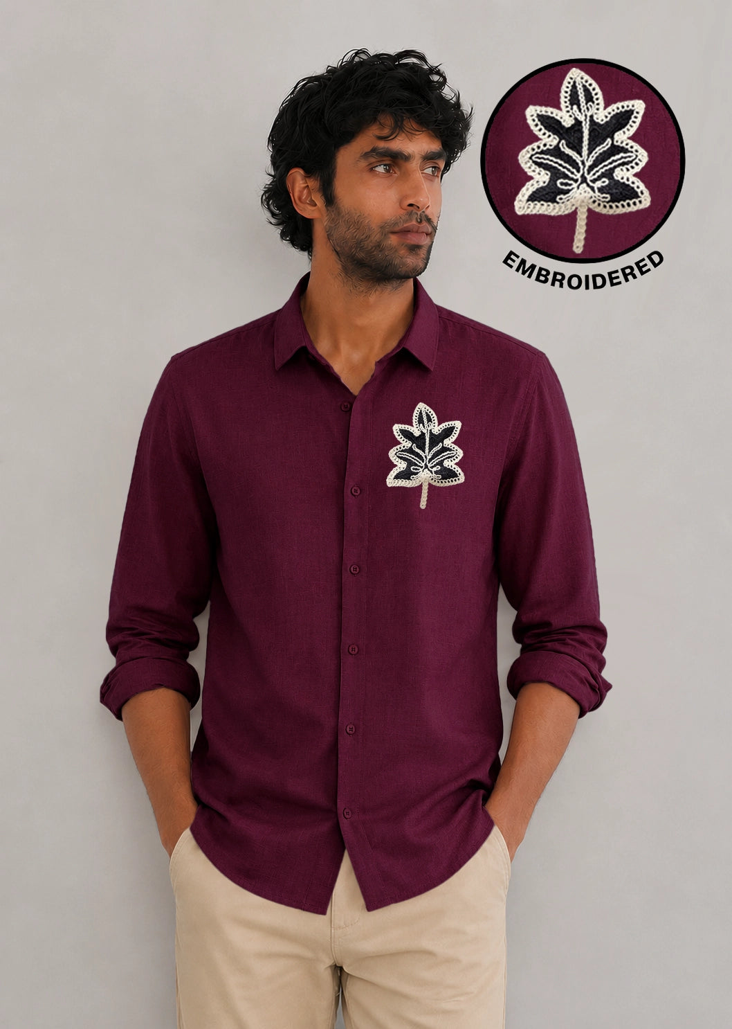 Leaf Botanical Embroidery Textured Shirt | Wine
