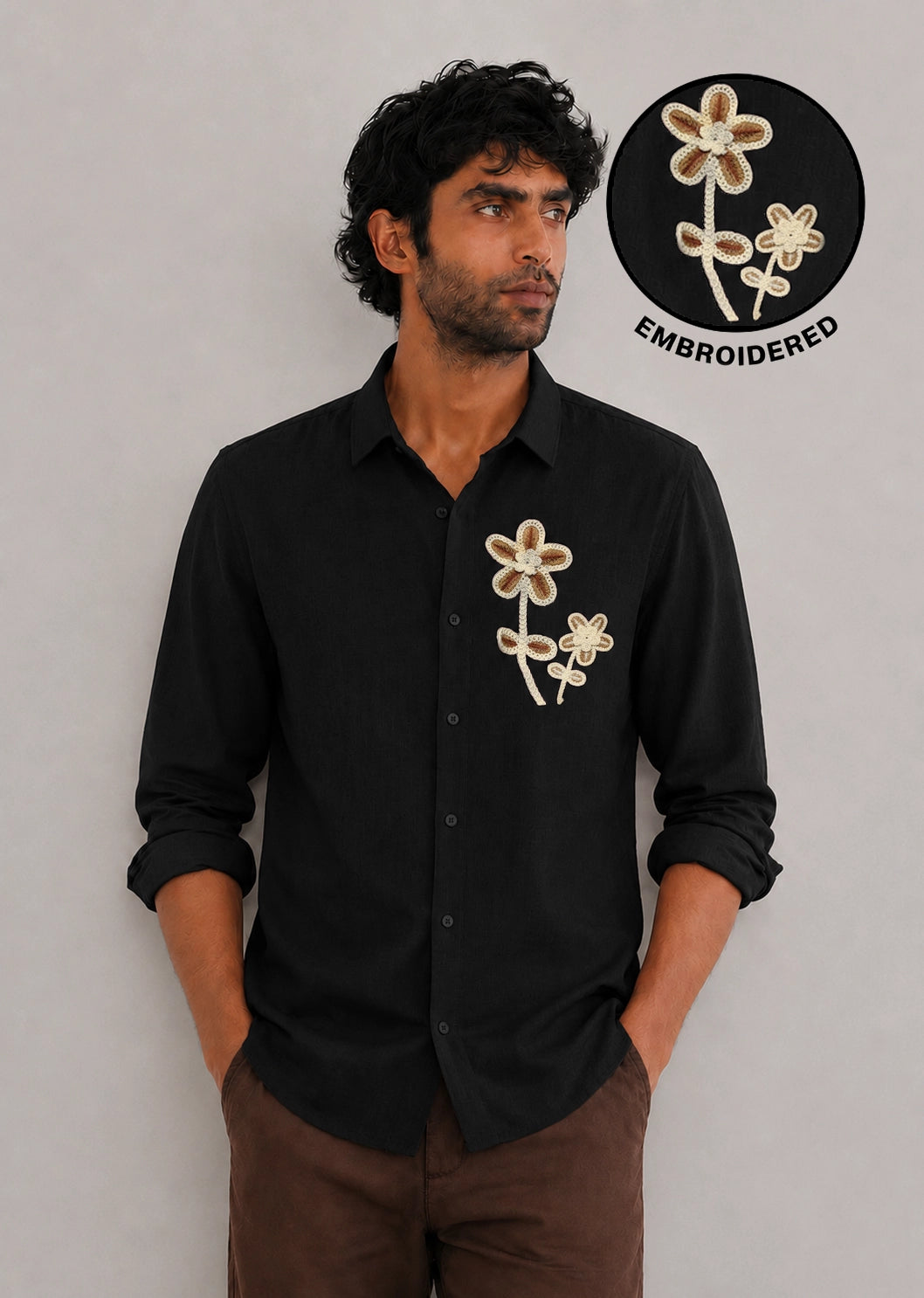 Flower Botanical Embroidery Textured Shirt | Black