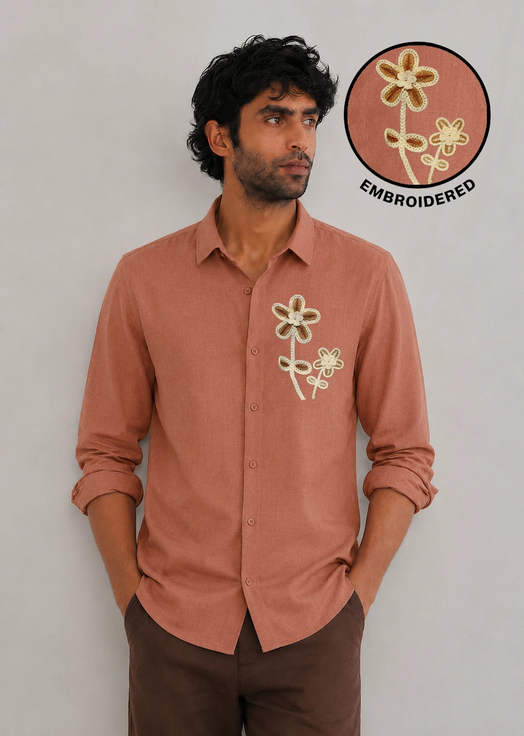 Flower Botanical Embroidery Textured Shirt | Peach