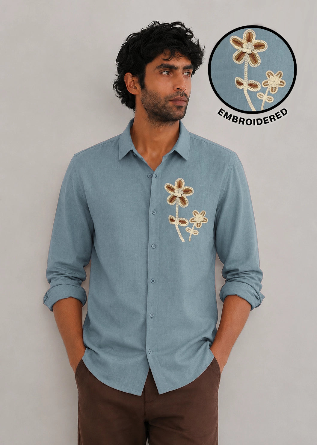 Flower Botanical Embroidery Textured Shirt | Sky