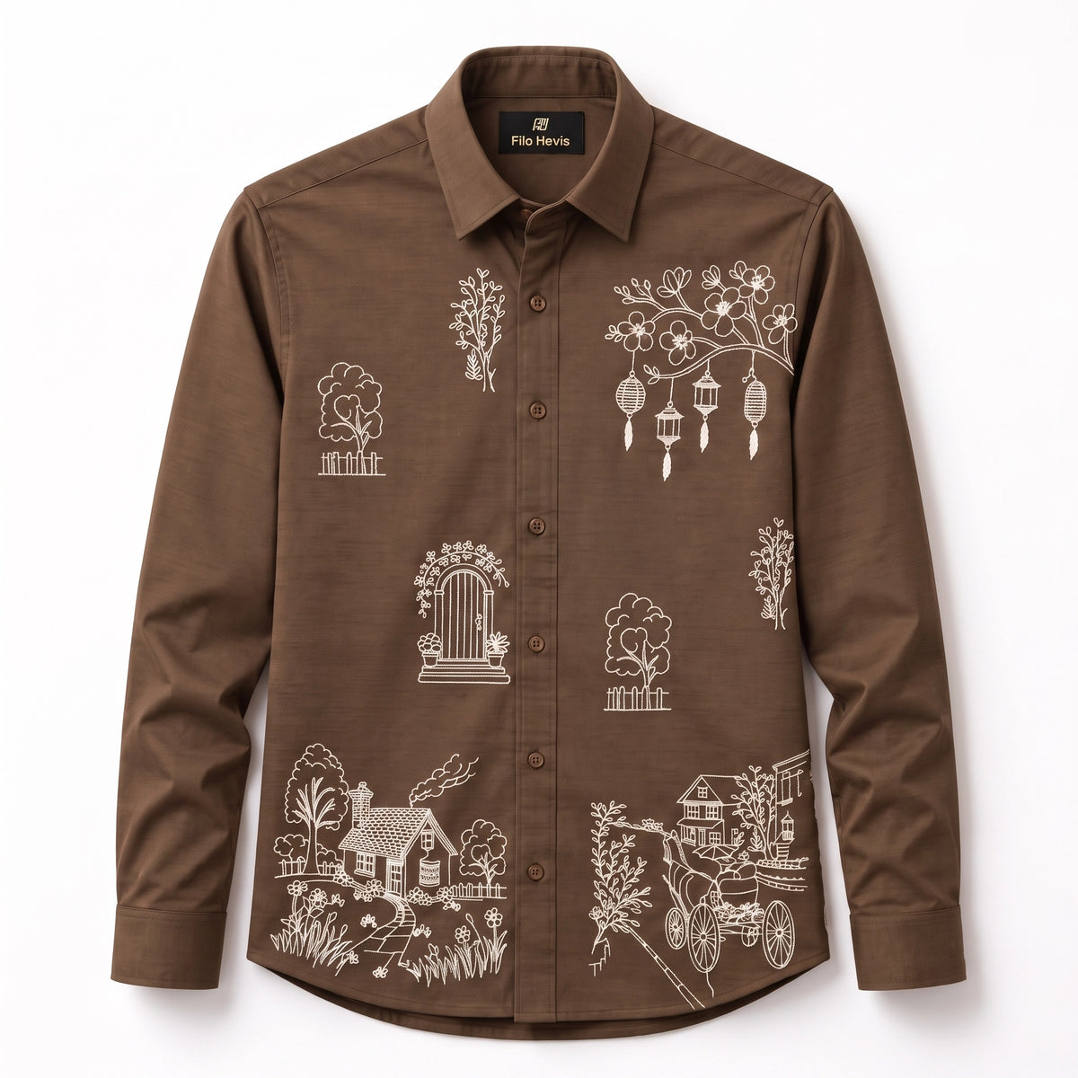 Men's Crush Fabric | Embroidery Printed | Full Sleeve Shirt | Brown