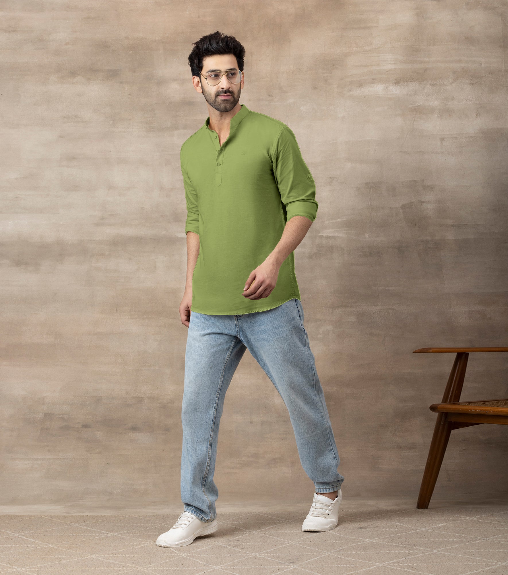 Cotton Mandarin Collar Short Kurta- Mehendi Green