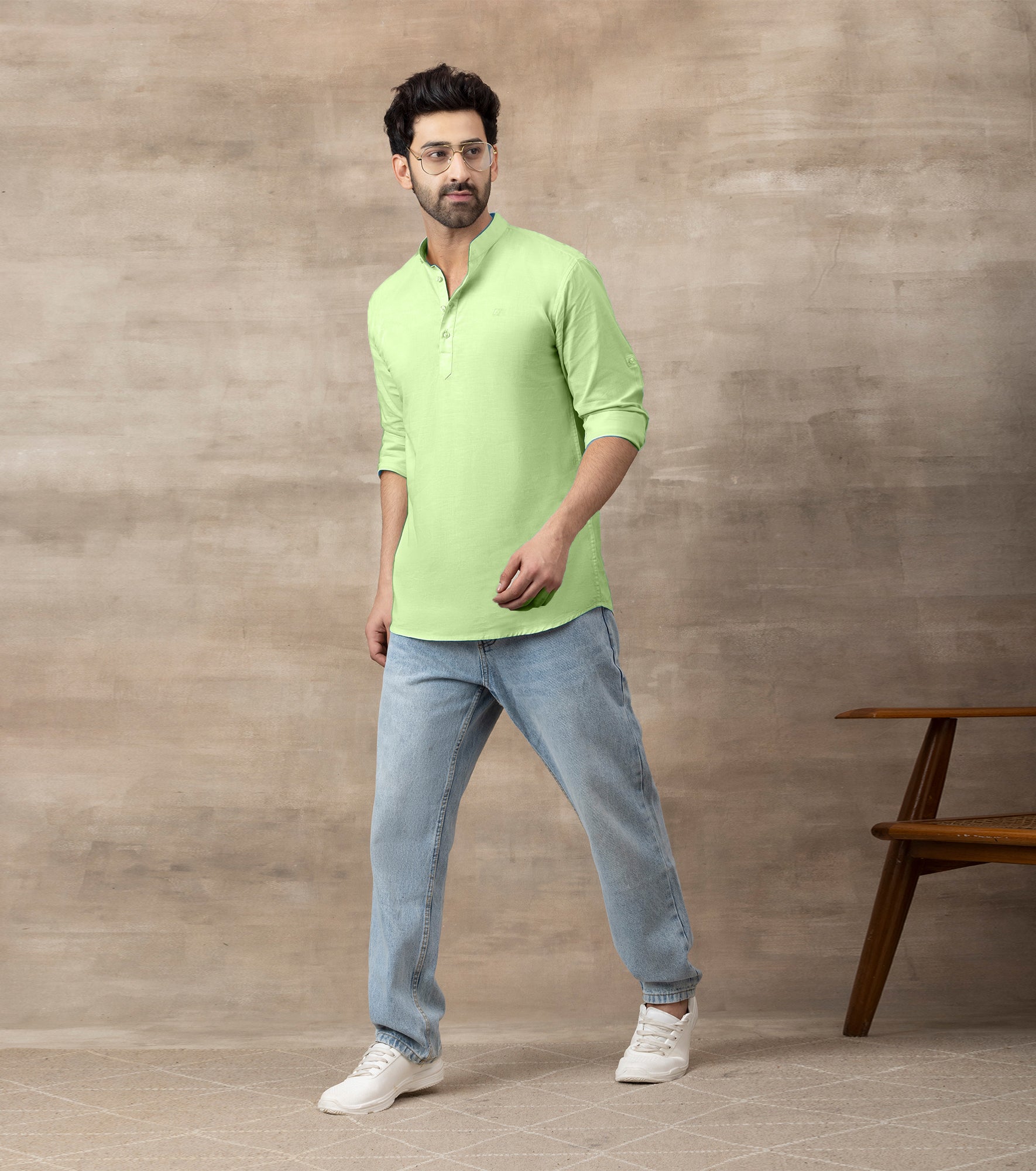 Men's Full-Sleeve Mandarin Collar Regular Fit Cotton Lenin Shirt-Light-Green