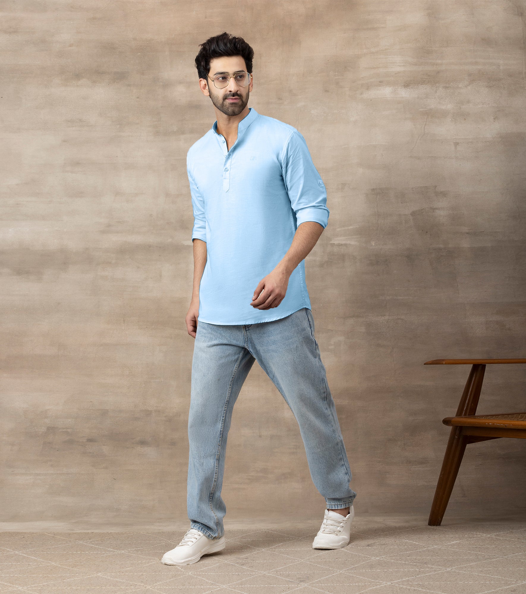 Cotton Mandarin Collar Short Kurta-Sky