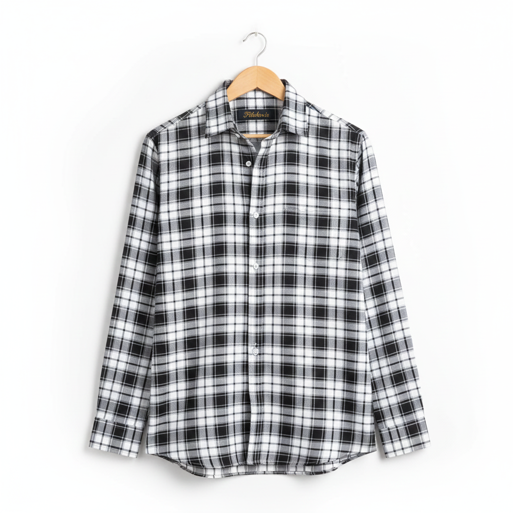 FORMAL COTTON CHECK SHIRTS FOR MEN - Black & White Plaid (Long Sleeve)