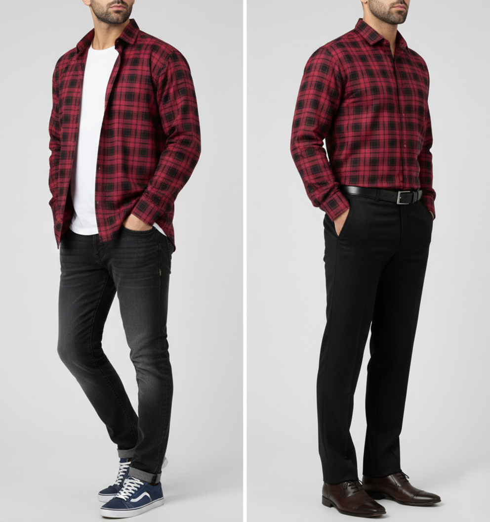 FORMAL COTTON CHECK SHIRTS FOR MEN - Red Plaid (Long Sleeve)