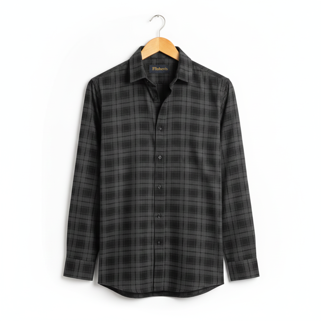 FORMAL COTTON CHECK SHIRTS FOR MEN - Dark Grey Plaid (Long Sleeve)