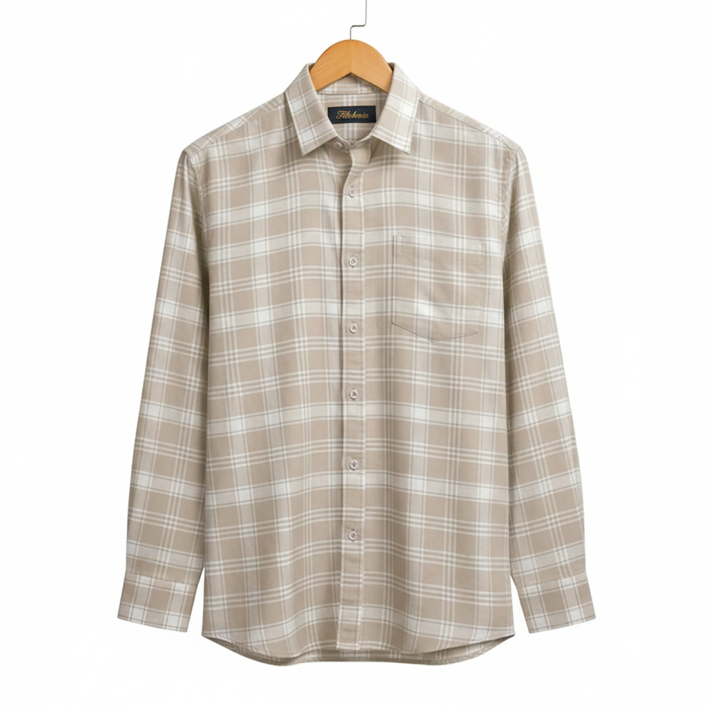FORMAL COTTON CHECK SHIRTS FOR MEN - Light Brown Plaid (Long Sleeve)