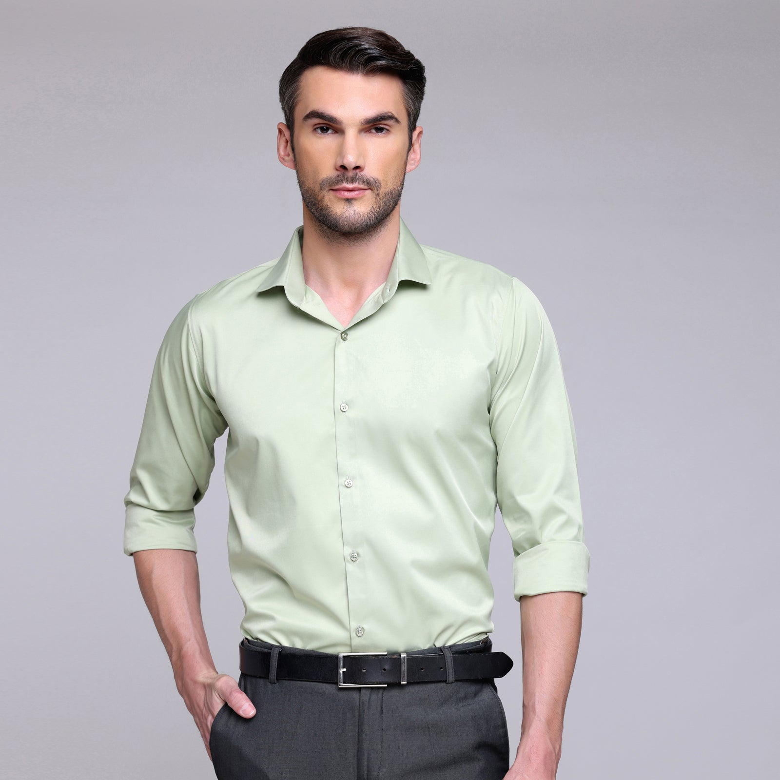 Premium Satin Lycra Formal Pista Mint Green Shirt