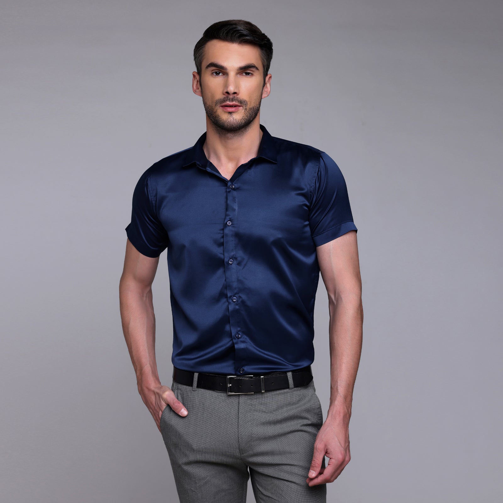 Satin Half Formal Shirt Navy Blue Color