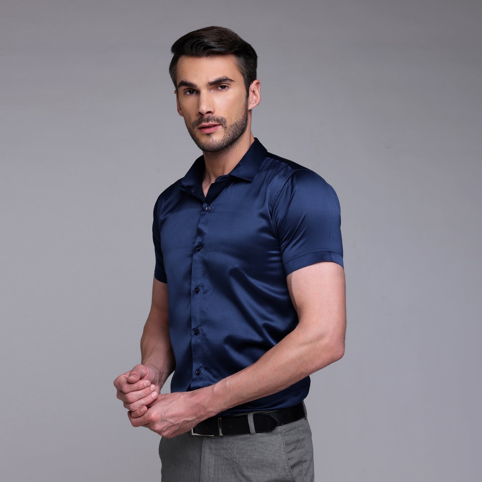 Satin Half Formal Shirt Navy Blue Color