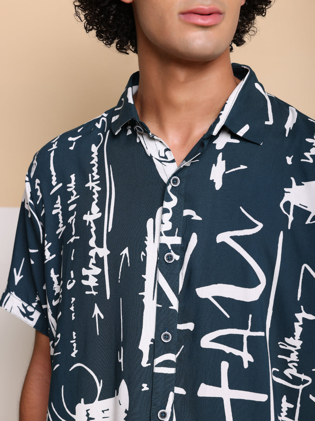 Blue HALF CASUAL PRINTED COTTON SHIRT REGULAR FIT FOR MEN