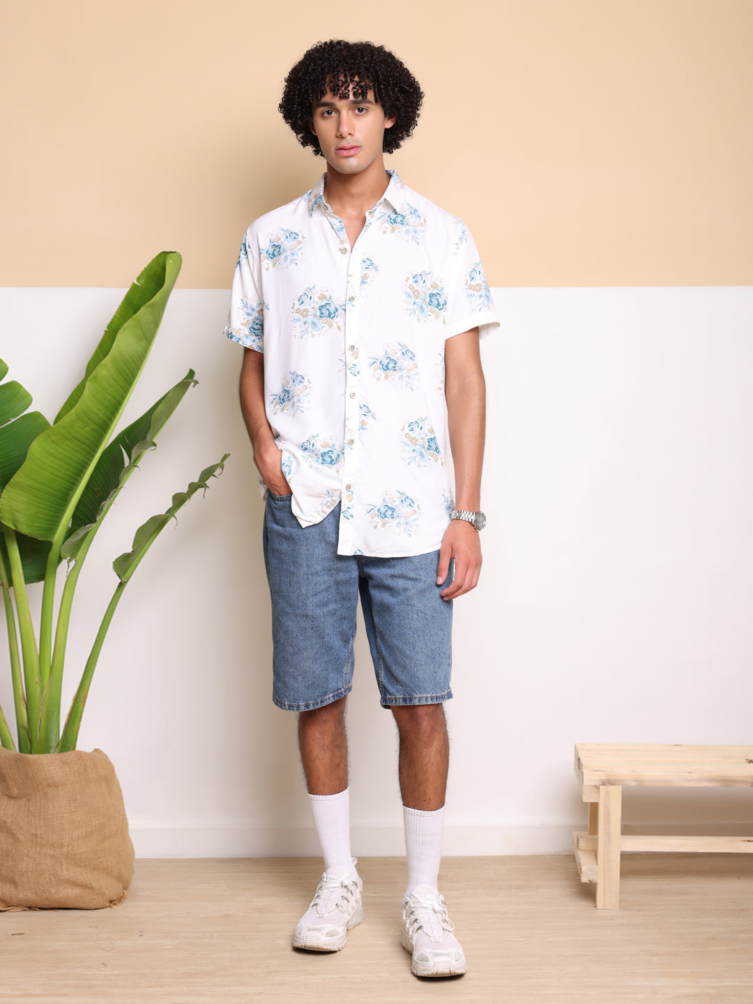 Blue Half Casual Printed Cotton Shirt Regular Fit For Man