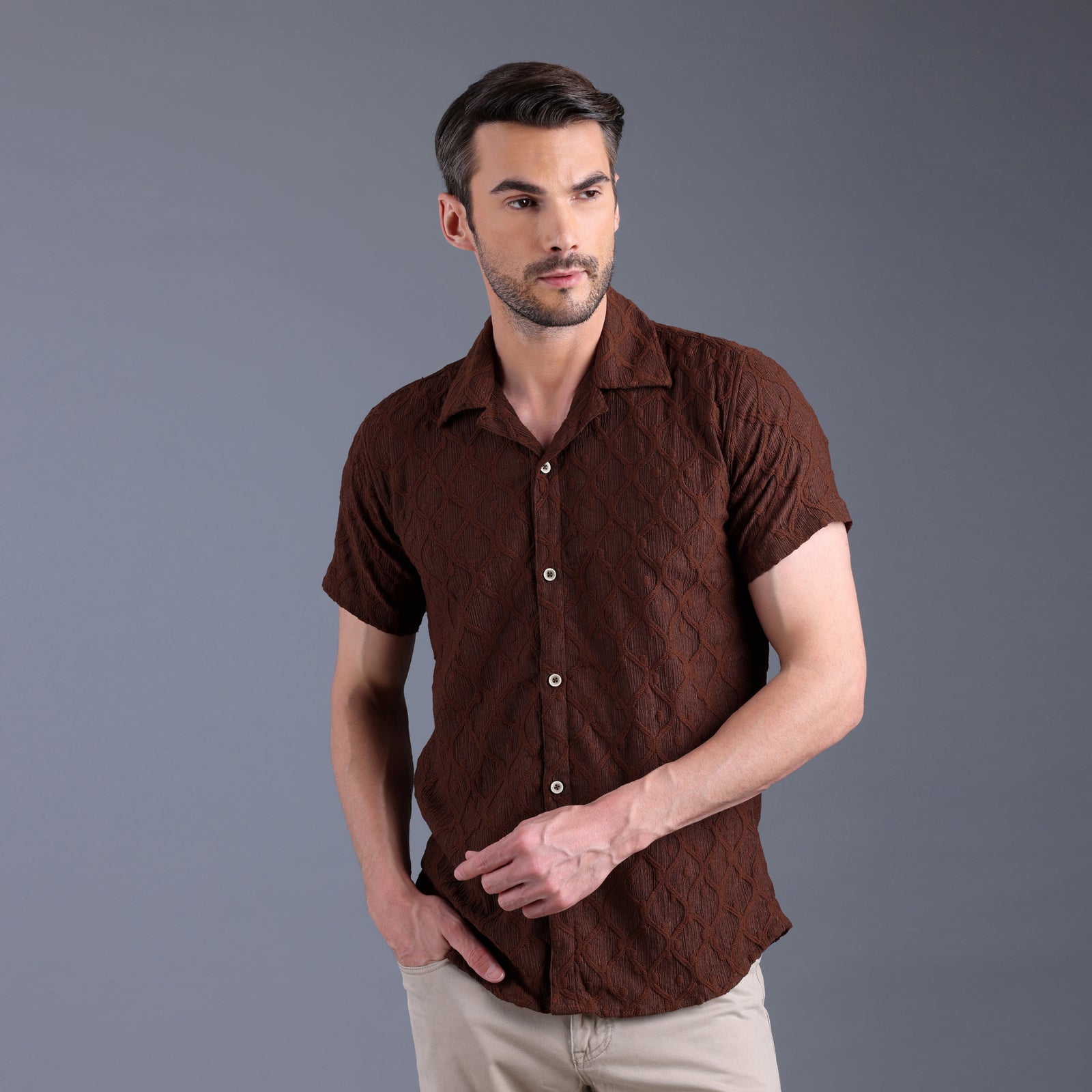 Brown Boxy Textured Half Shirt
