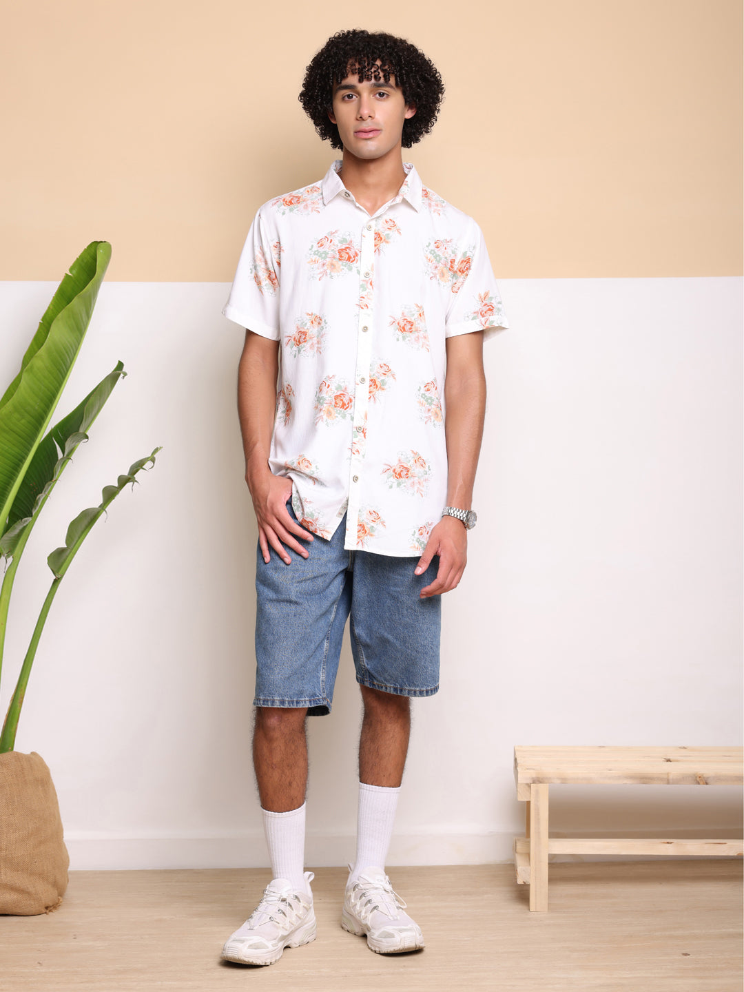 Orange Half Casual Printed Cotton Shirt Regular Fit For Man