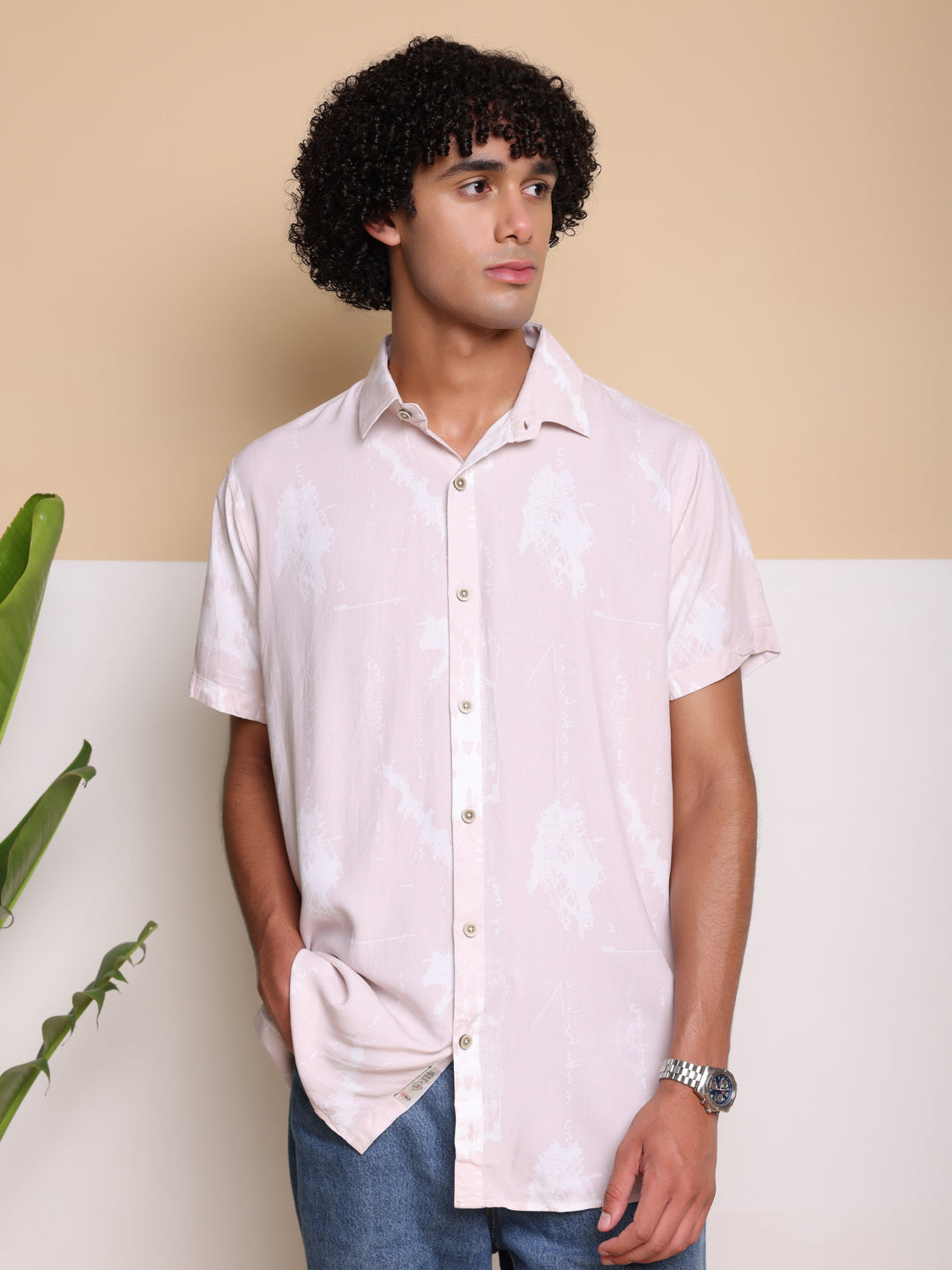 pink HALF CASUAL PRINTED COTTON SHIRT REGULAR FIT FOR MEN