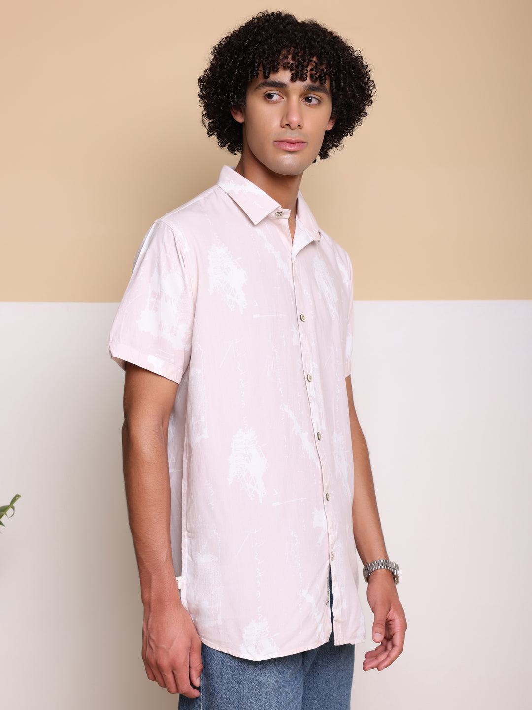 pink HALF CASUAL PRINTED COTTON SHIRT REGULAR FIT FOR MEN