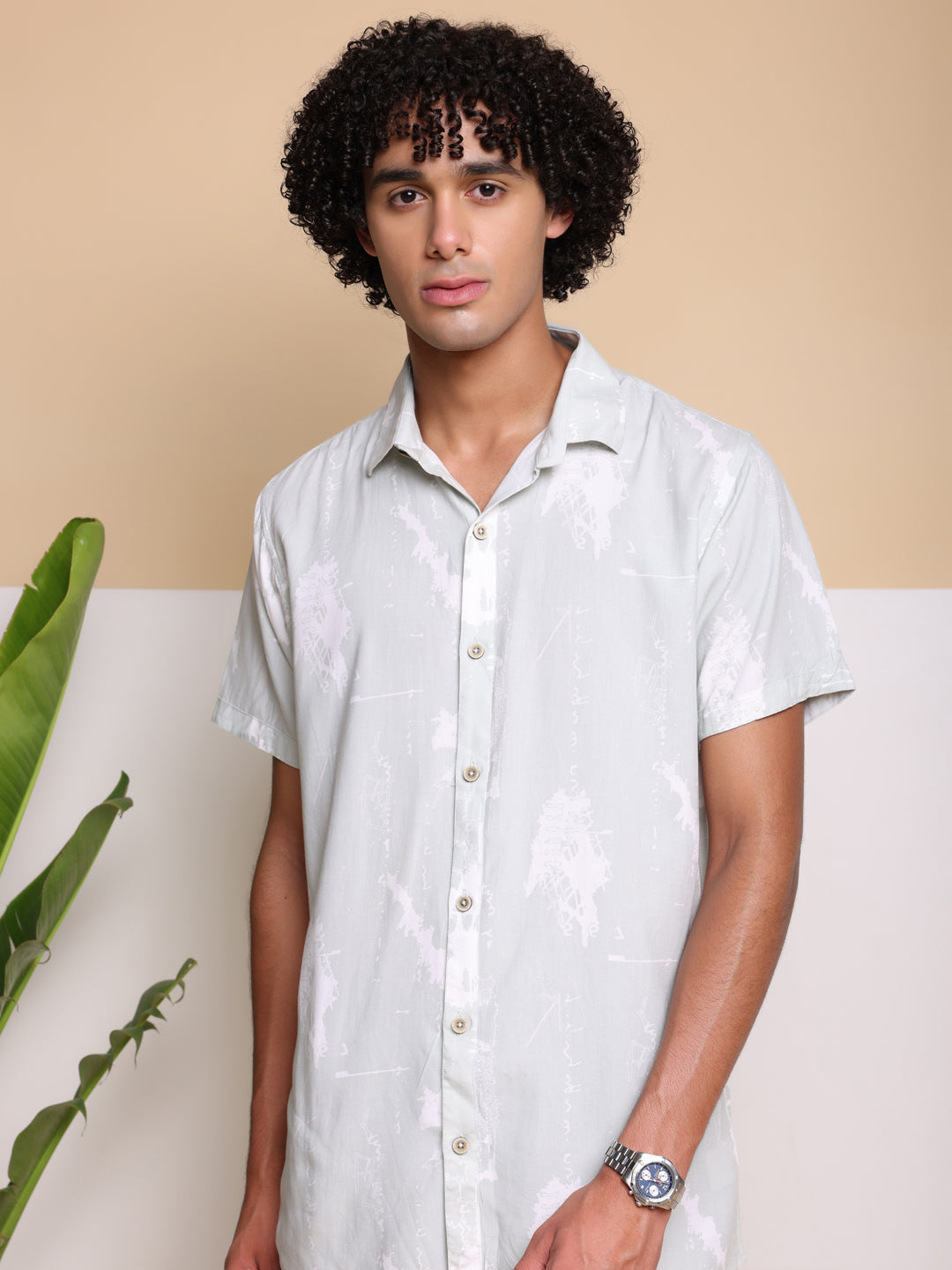 Light Green Half Casual Printed Cotton Shirt Regular Fit For Men