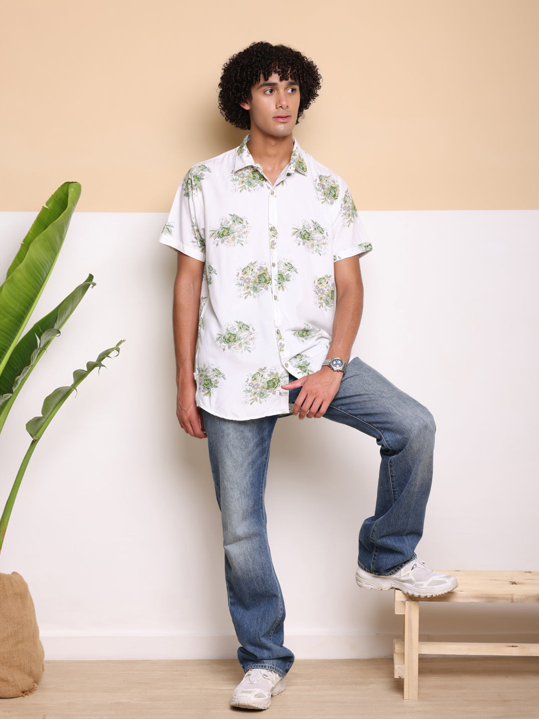 Green Half Casual Printed Cotton Shirt Regular Fit For Man