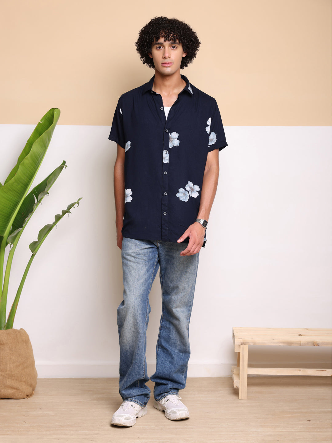 Navy Blue HALF CASUAL PRINTED COTTON SHIRT REGULAR FIT FOR MEN