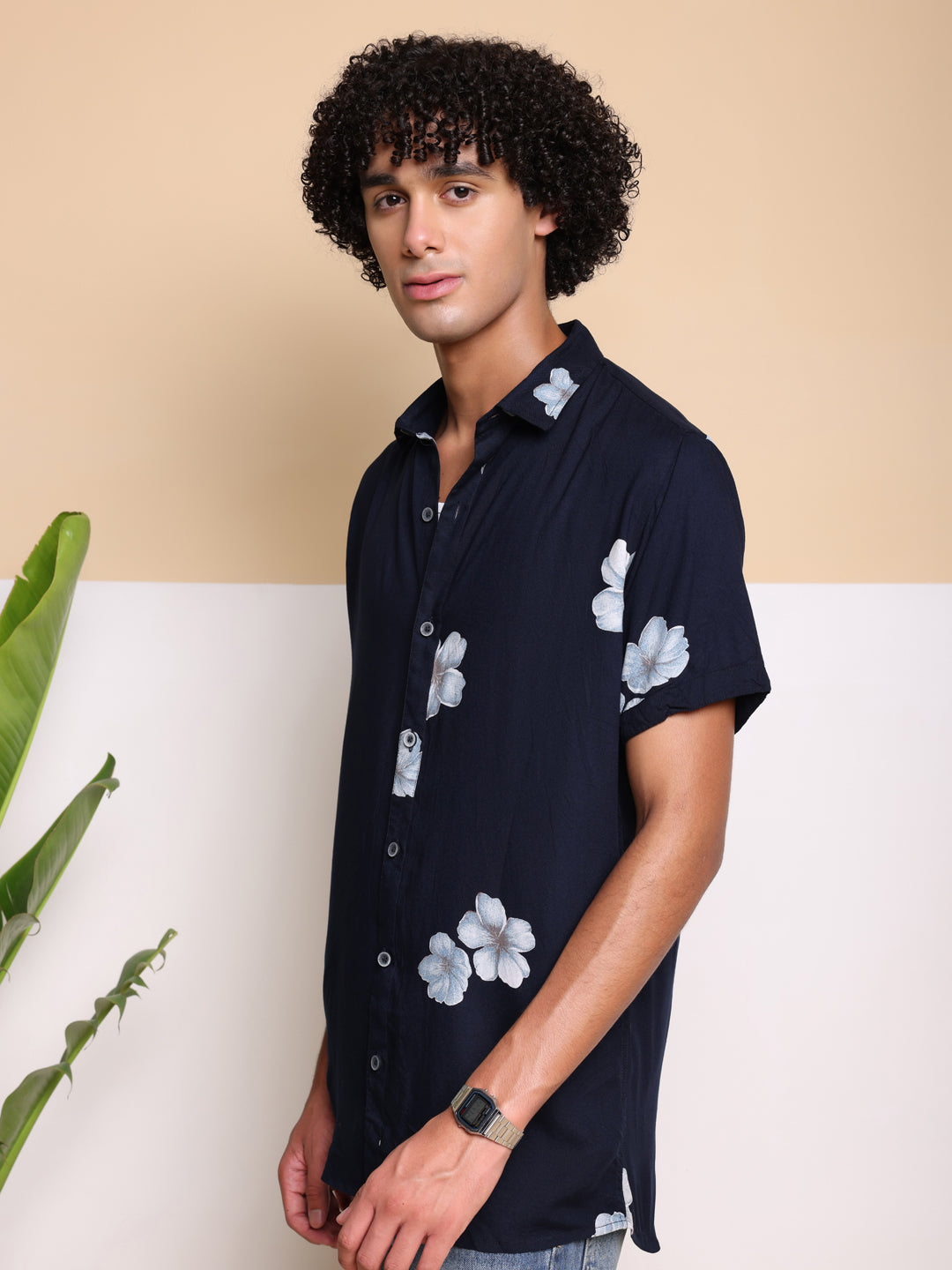 Navy Blue HALF CASUAL PRINTED COTTON SHIRT REGULAR FIT FOR MEN