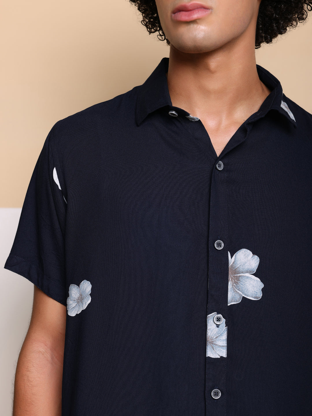 Navy Blue HALF CASUAL PRINTED COTTON SHIRT REGULAR FIT FOR MEN