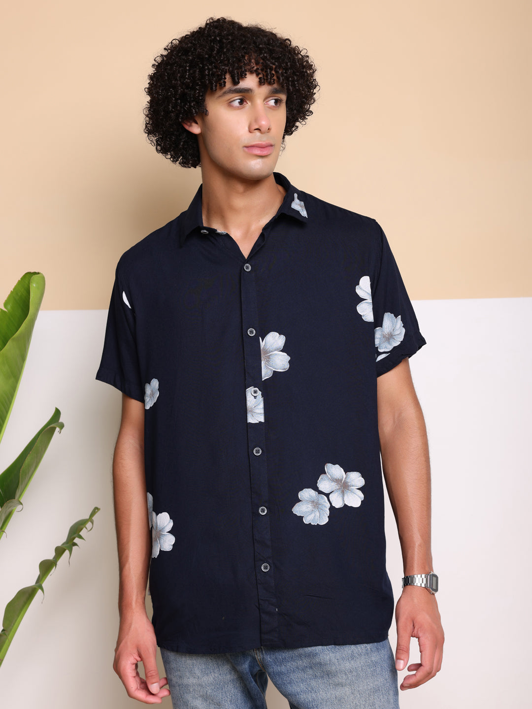 Navy Blue HALF CASUAL PRINTED COTTON SHIRT REGULAR FIT FOR MEN