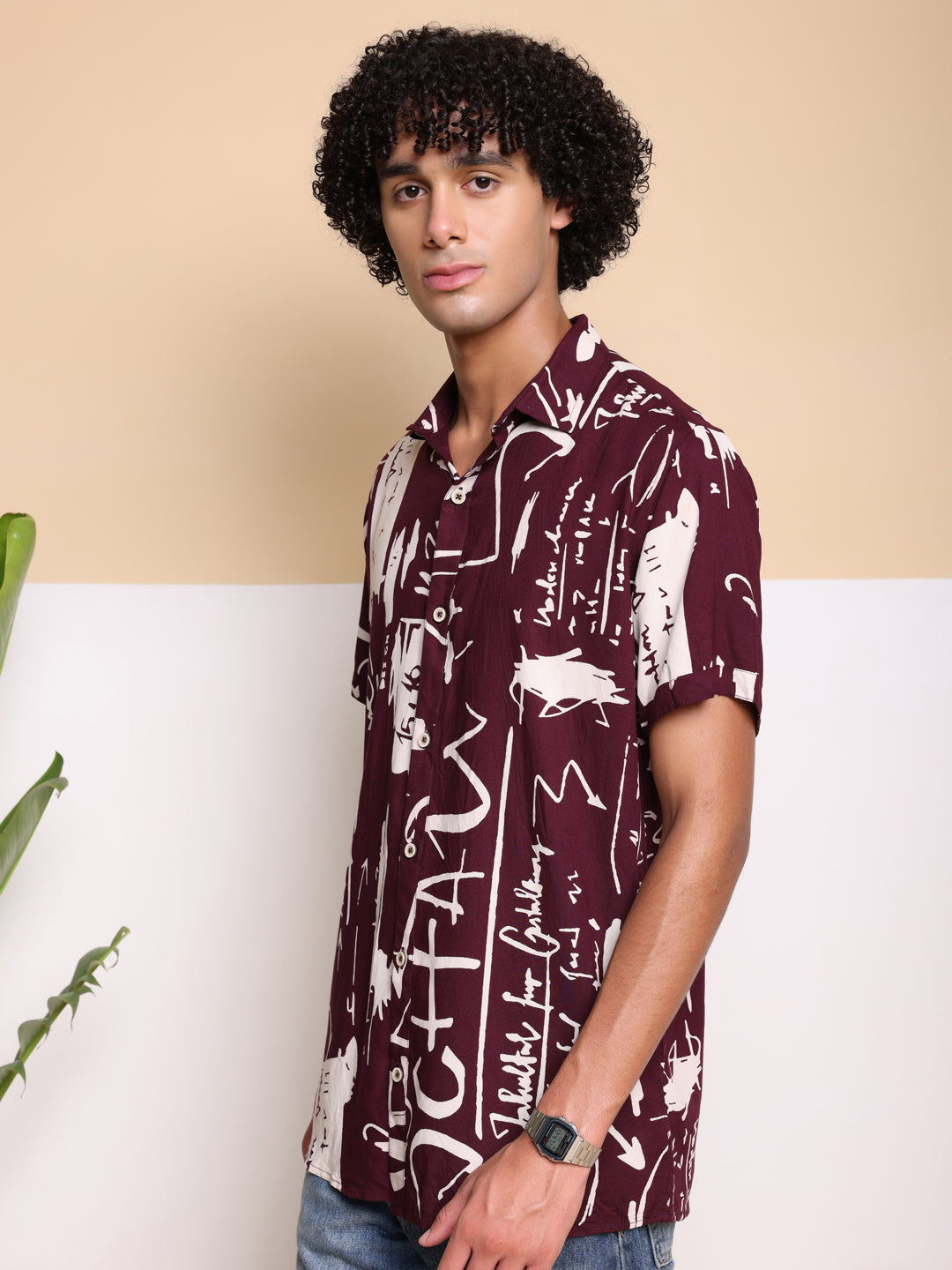 Purple HALF CASUAL PRINTED COTTON SHIRT REGULAR FIT FOR MEN