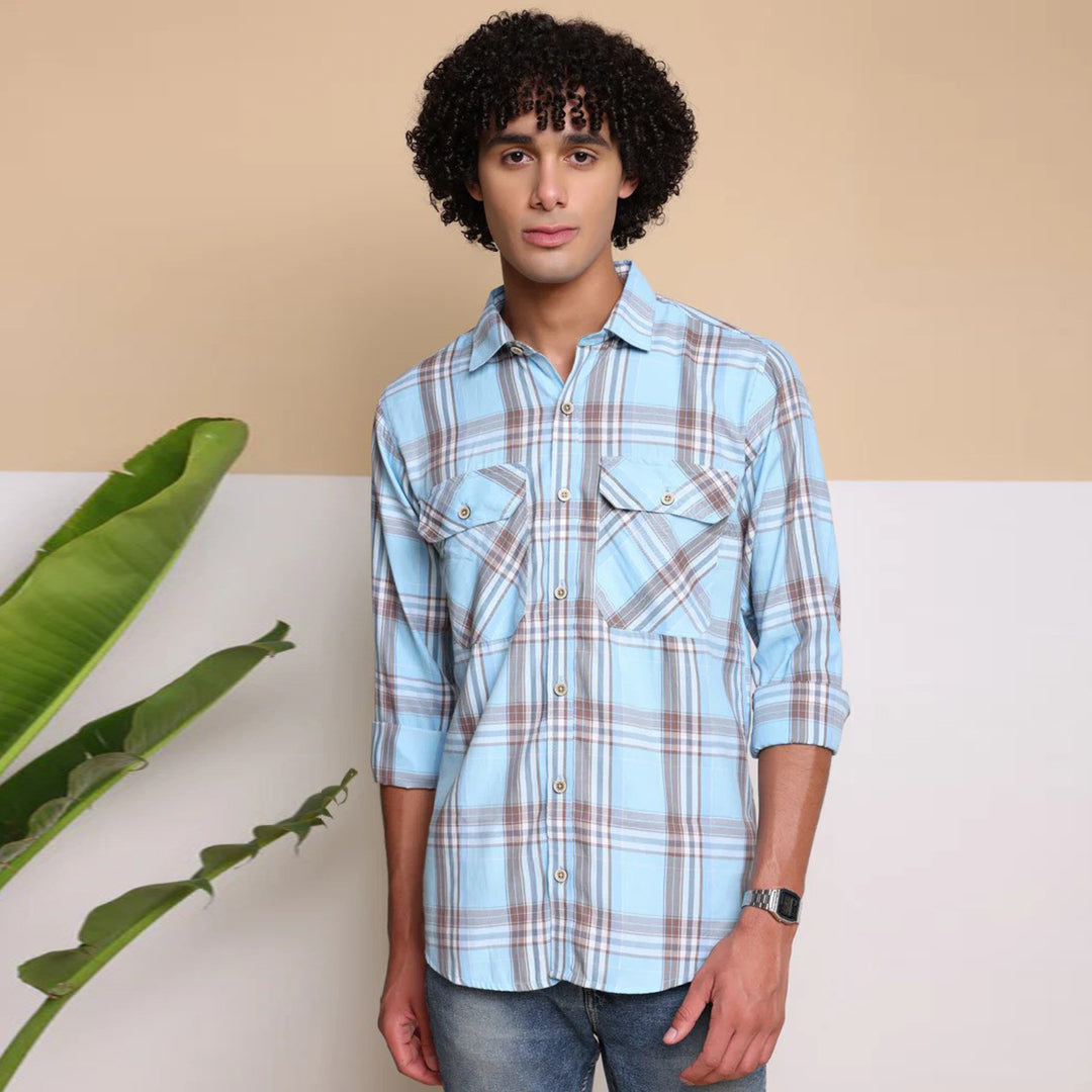 Check Regular Fit Cotton Shirt - Sky