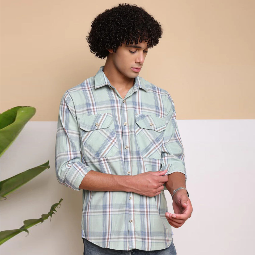 Check Regular Fit Cotton Shirt - Pista