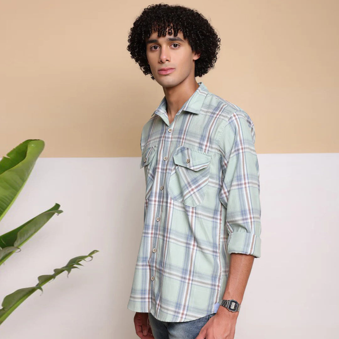 Check Regular Fit Cotton Shirt - Pista