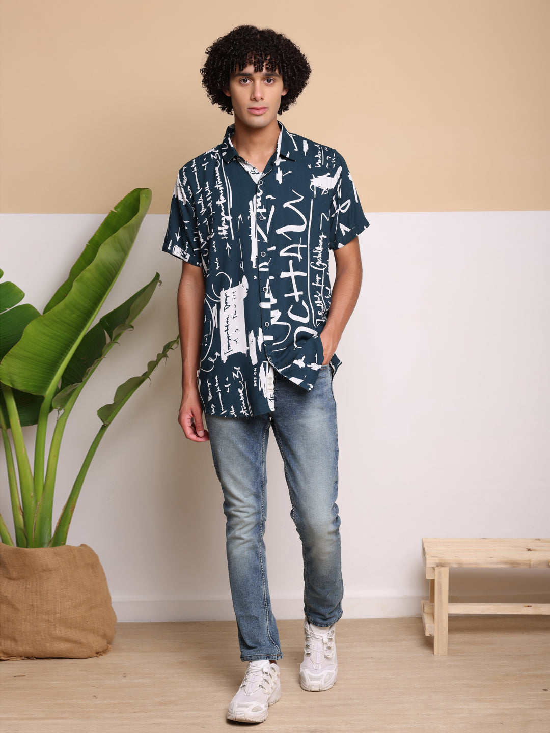 Blue HALF CASUAL PRINTED COTTON SHIRT REGULAR FIT FOR MEN