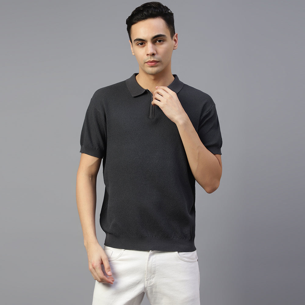 Grey Knitted Polo T-shirt