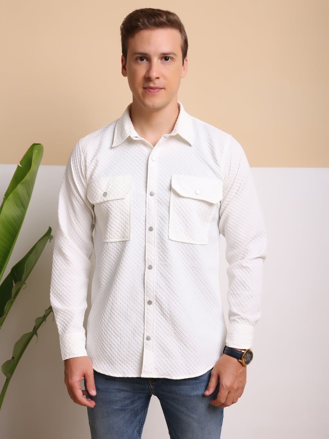 Man's Casual Imported Fabric Double Pocket Crush Shirts - White