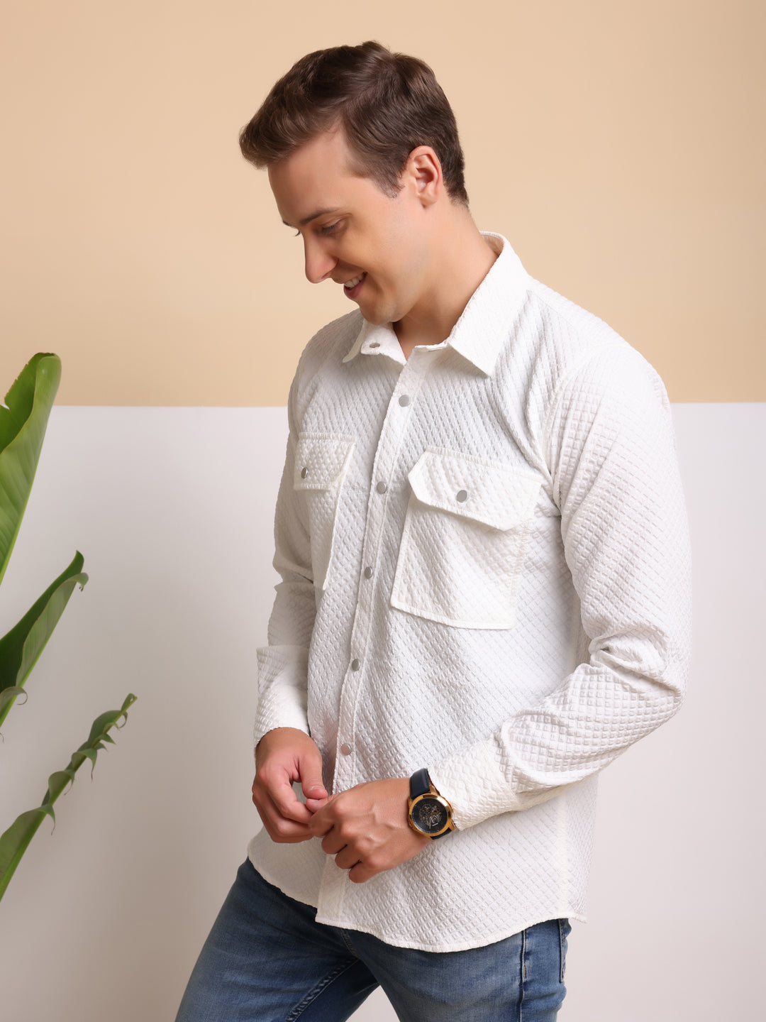 Man's Casual Imported Fabric Double Pocket Crush Shirts - White