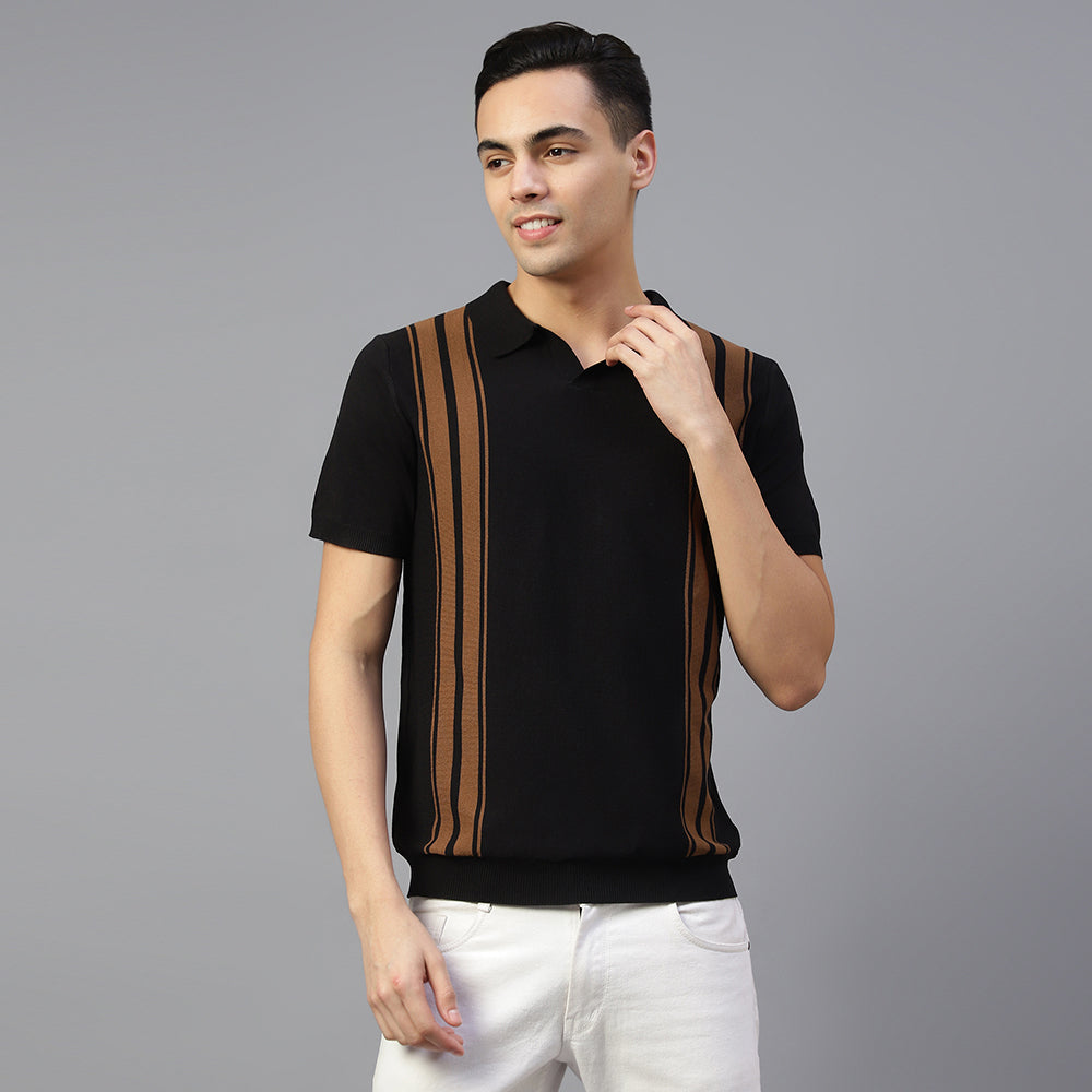 Black Knitted Lining Polo T-shirt