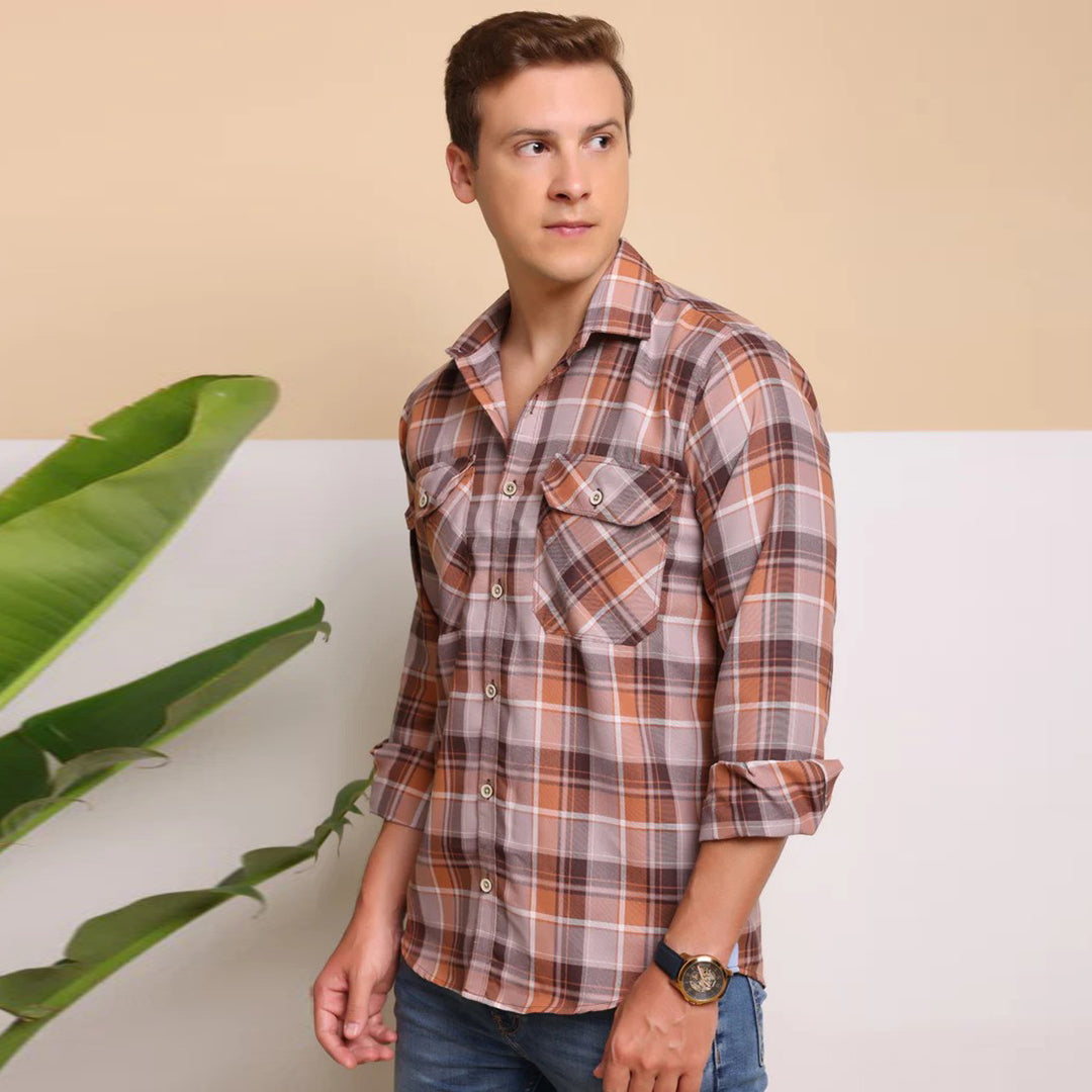 Check Regular Fit Cotton Shirt - Orange